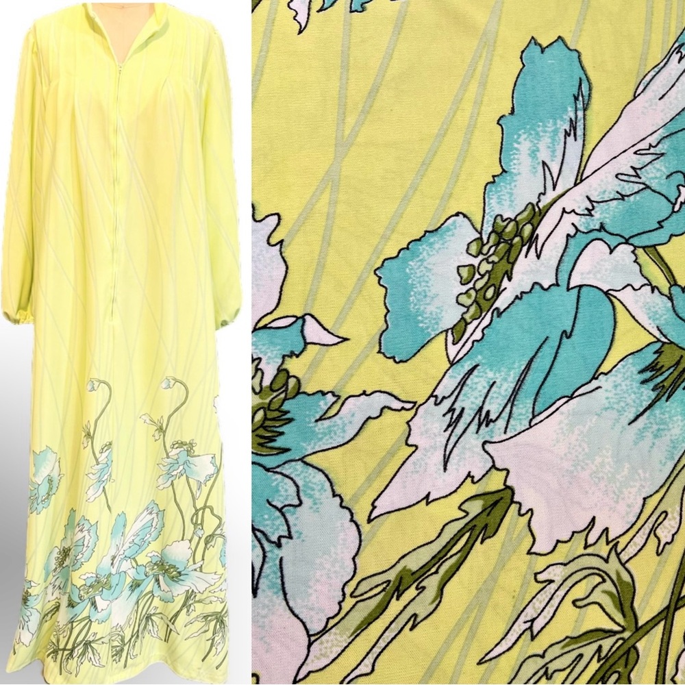 VINTAGE 60s 70s house dress hostess robe long maxi polyester lime green floral‎